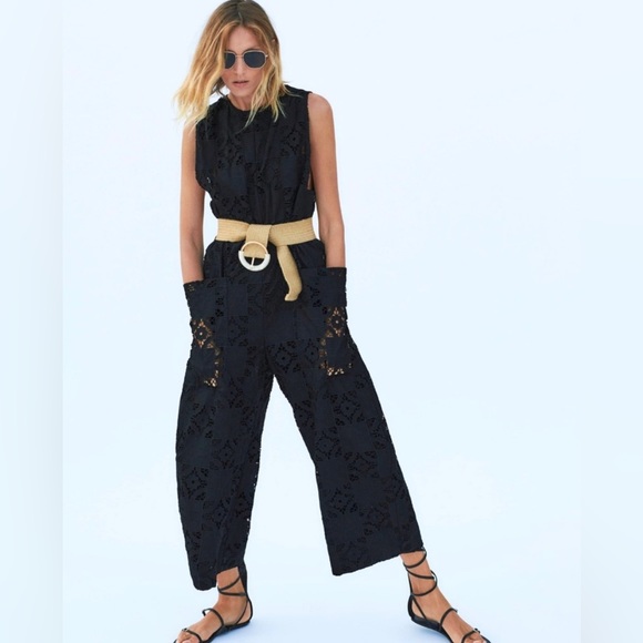 Zara Pants - Zara Limited Edition Black Eyelet Sleeveless Wide Leg Jumpsuit Size S